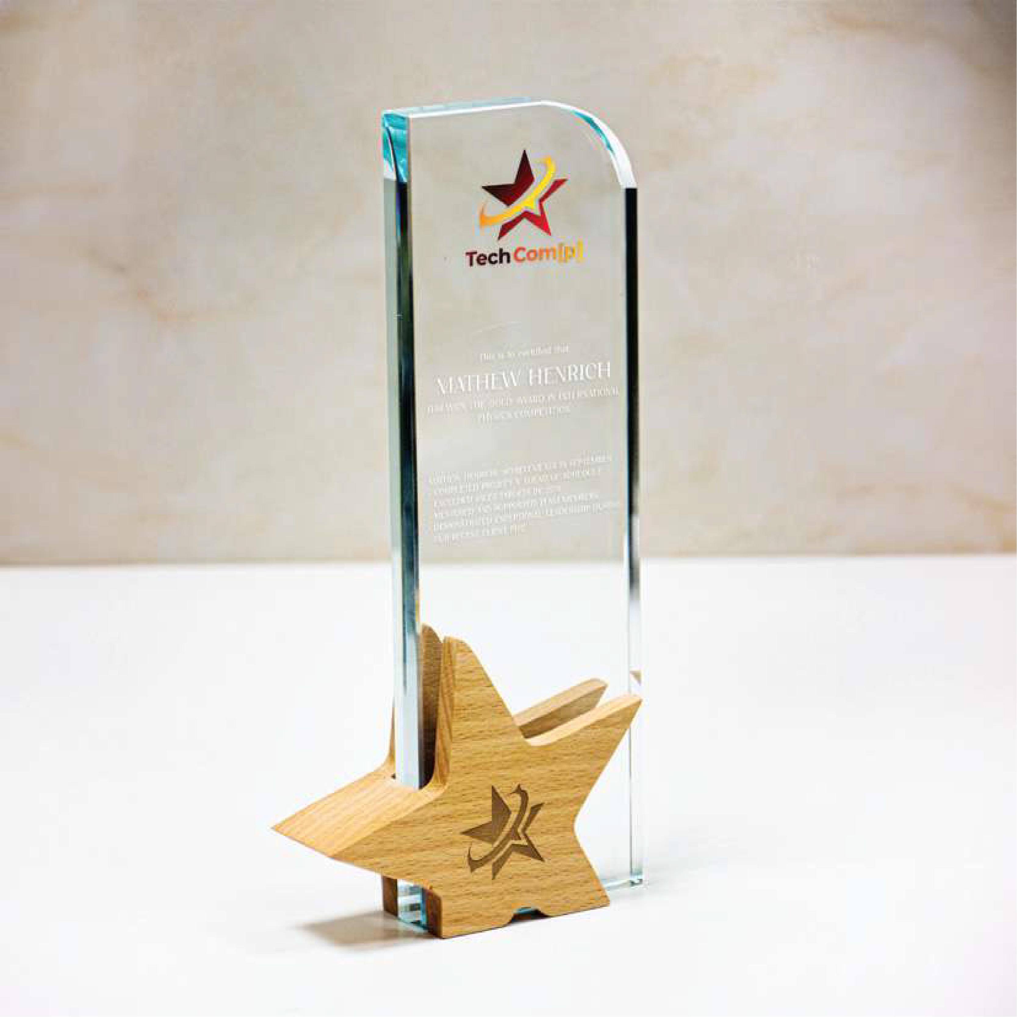 Crystal Award With Wooden Star Base  with Logo